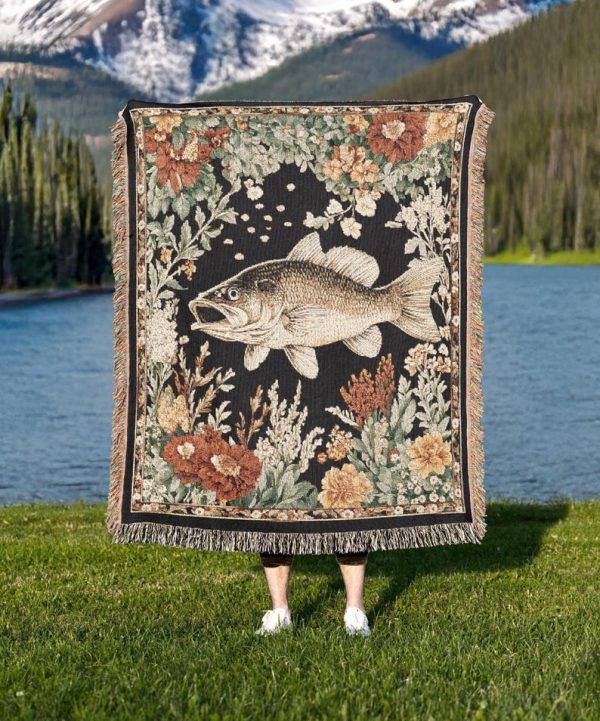 Largemouth Bass Woven Blanket A Tapestry Throw With Dark Floral Border